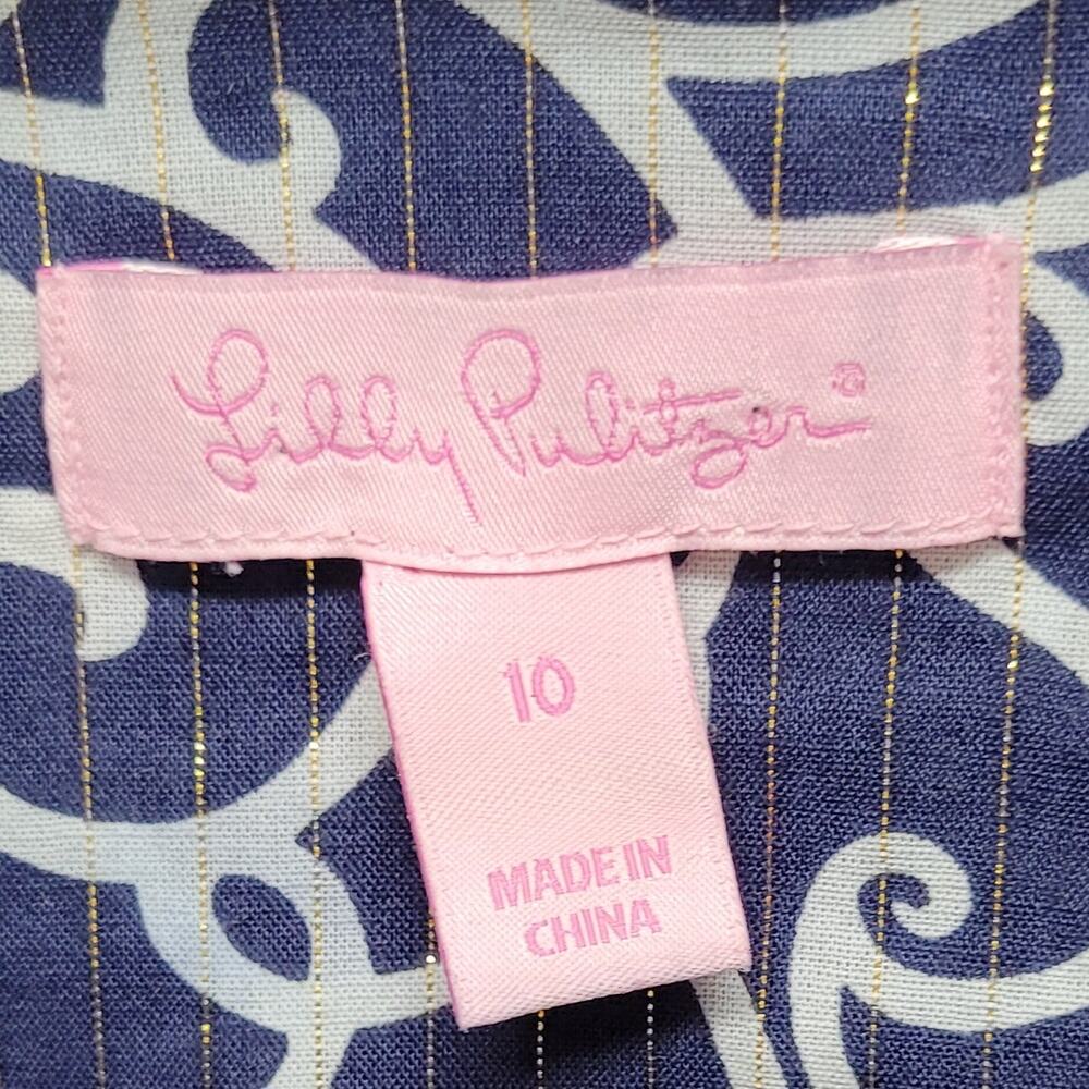 Lilly Pulitzer Notch Neck Shift Dress Size 10 Navy White Gold Metallic Stripe - Picture 5 of 13